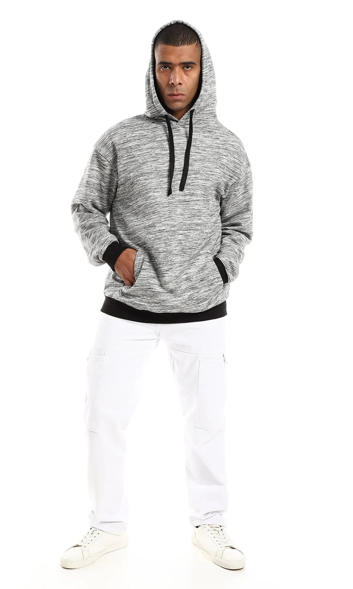 O152817 Odd Cuffs & Hem Long Sleeves Hoodie -  Heather Grey & Black