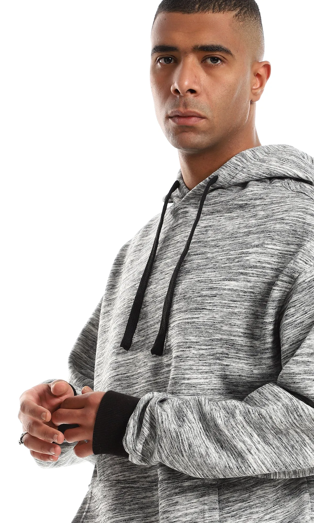 O152817 Odd Cuffs & Hem Long Sleeves Hoodie -  Heather Grey & Black