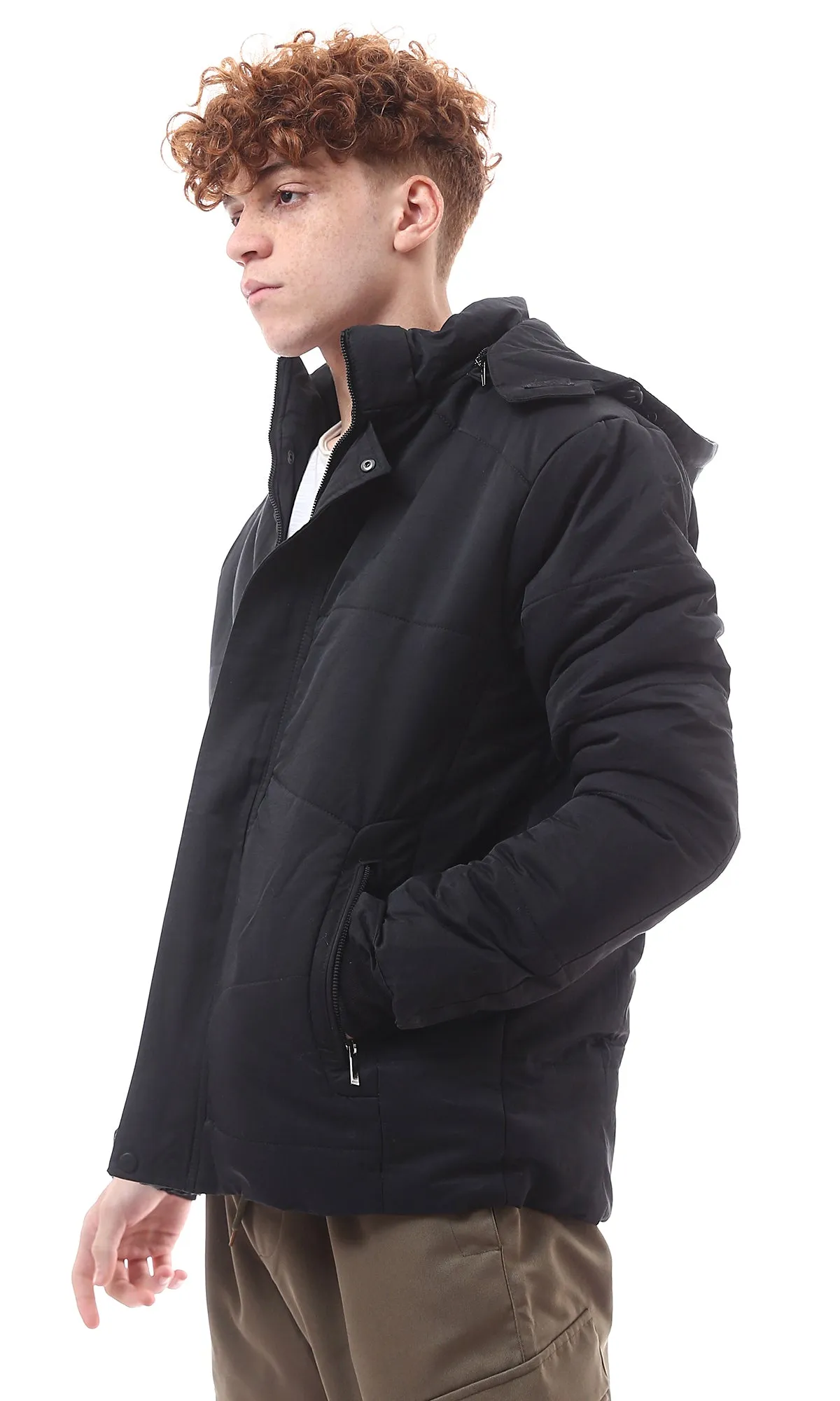 O156160 Adjustable Hooded Neck Black Solid Jacket