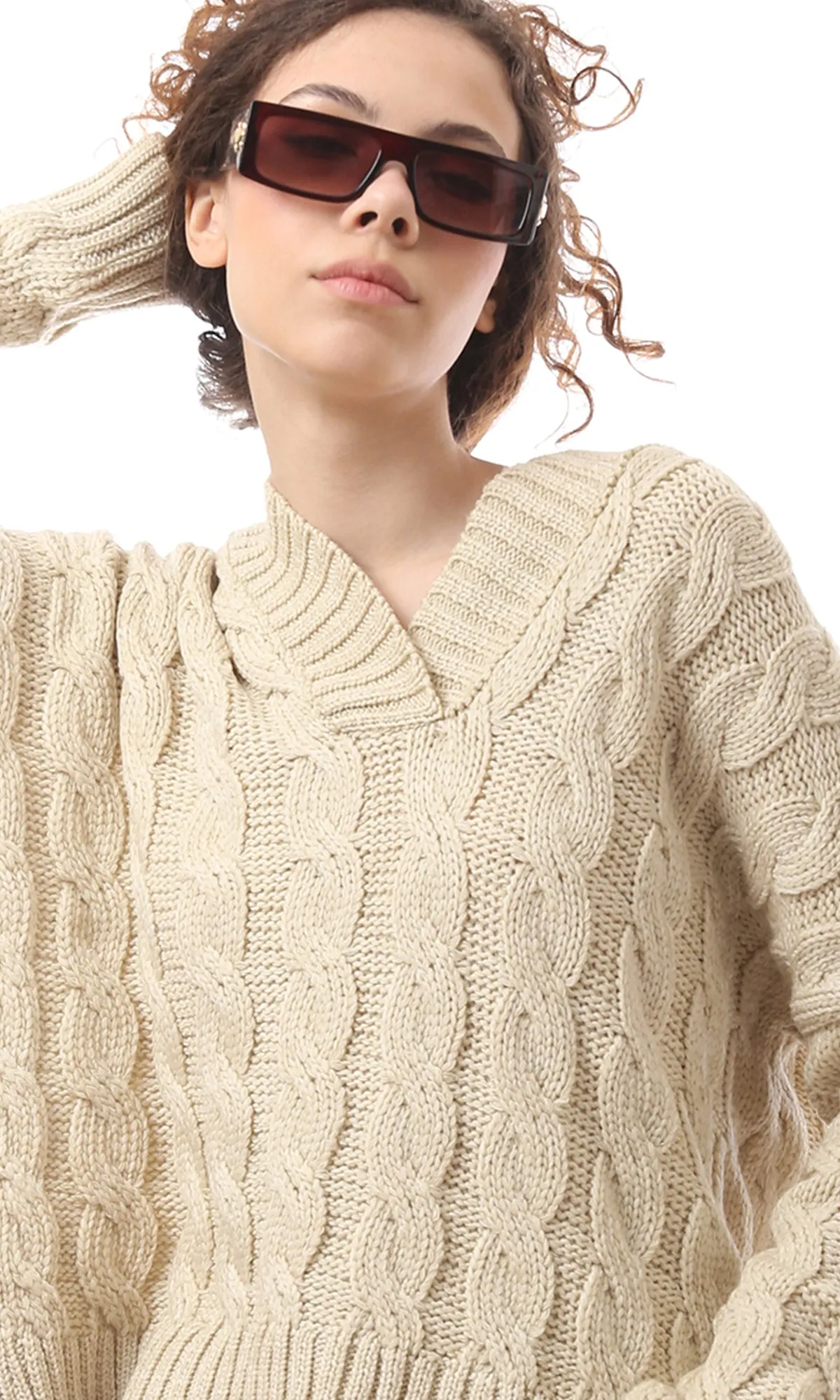 O170087 Beige Cropped Long Sleeve  Hooded Pullover