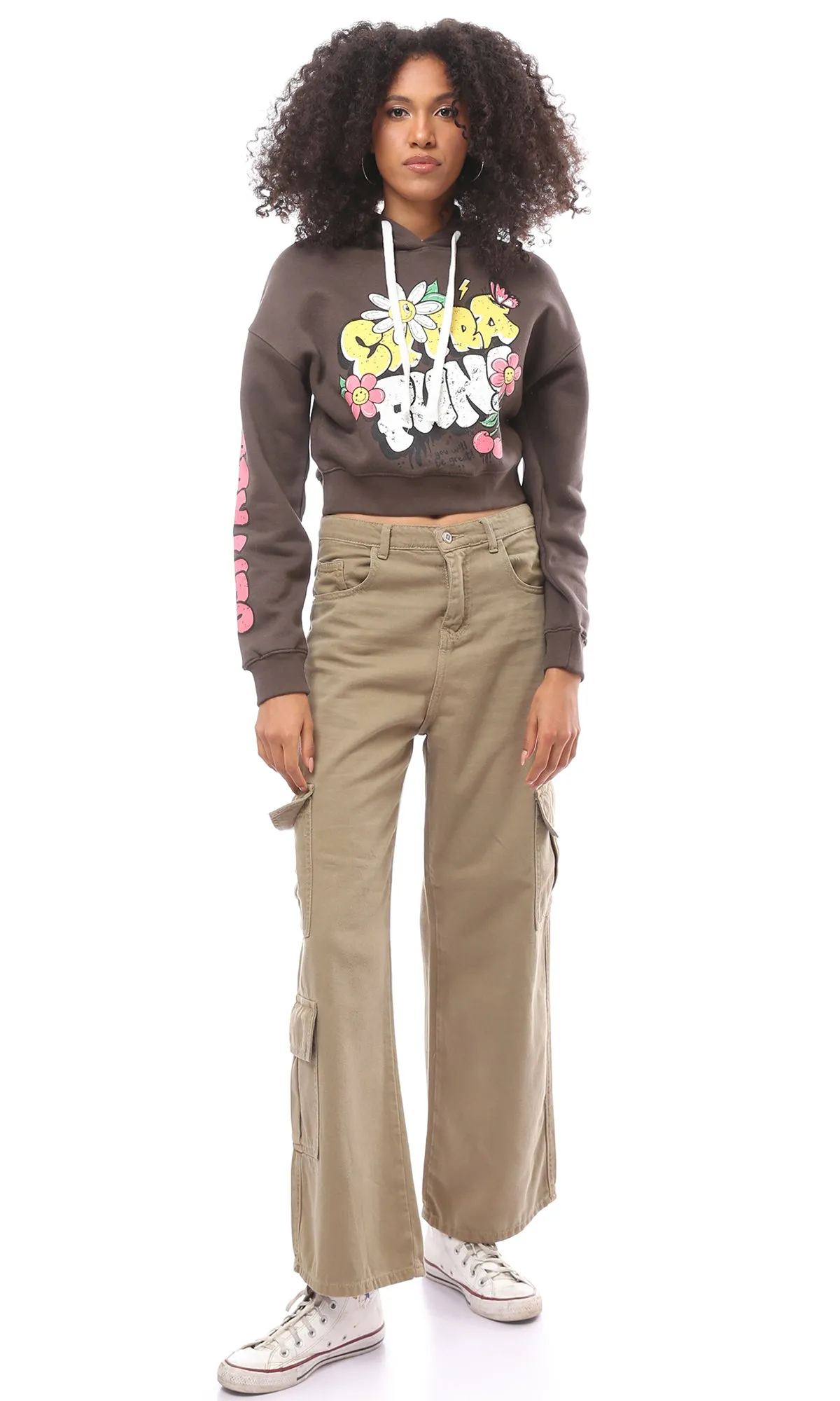 O174184 Dark Brown Printed "Extra Fun" Cropped Hoodie