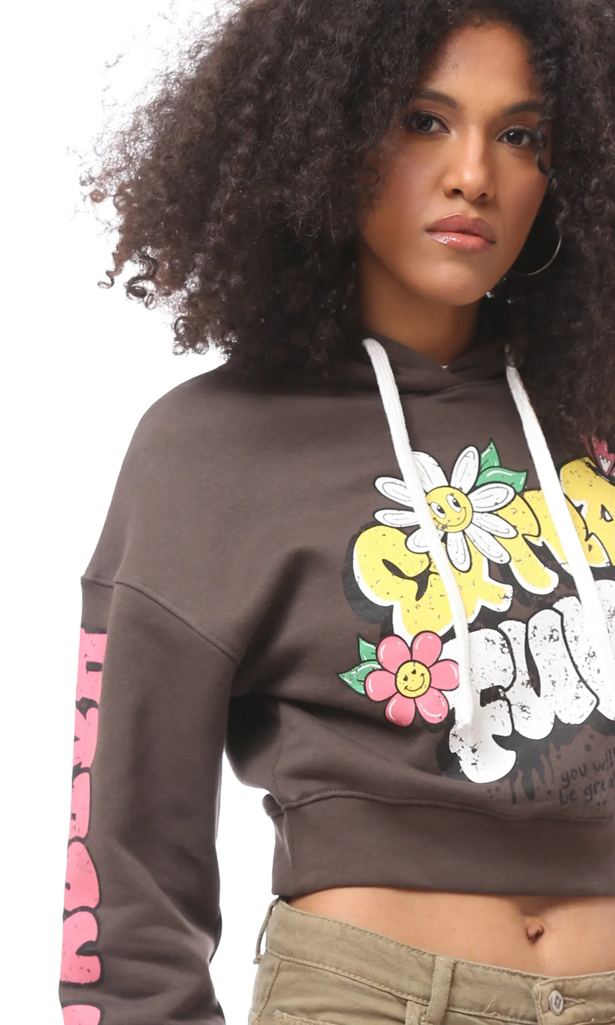 O174184 Dark Brown Printed "Extra Fun" Cropped Hoodie