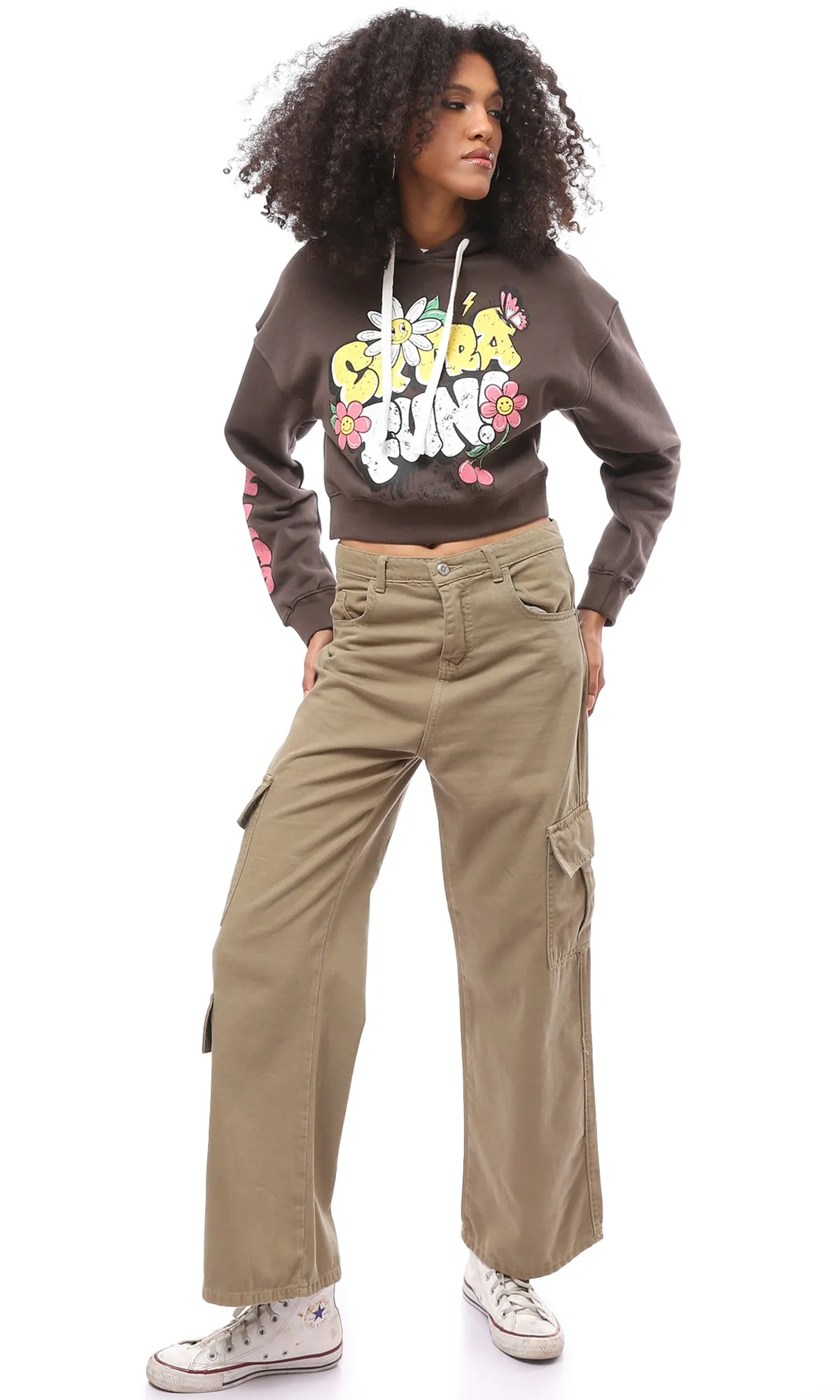 O174184 Dark Brown Printed "Extra Fun" Cropped Hoodie