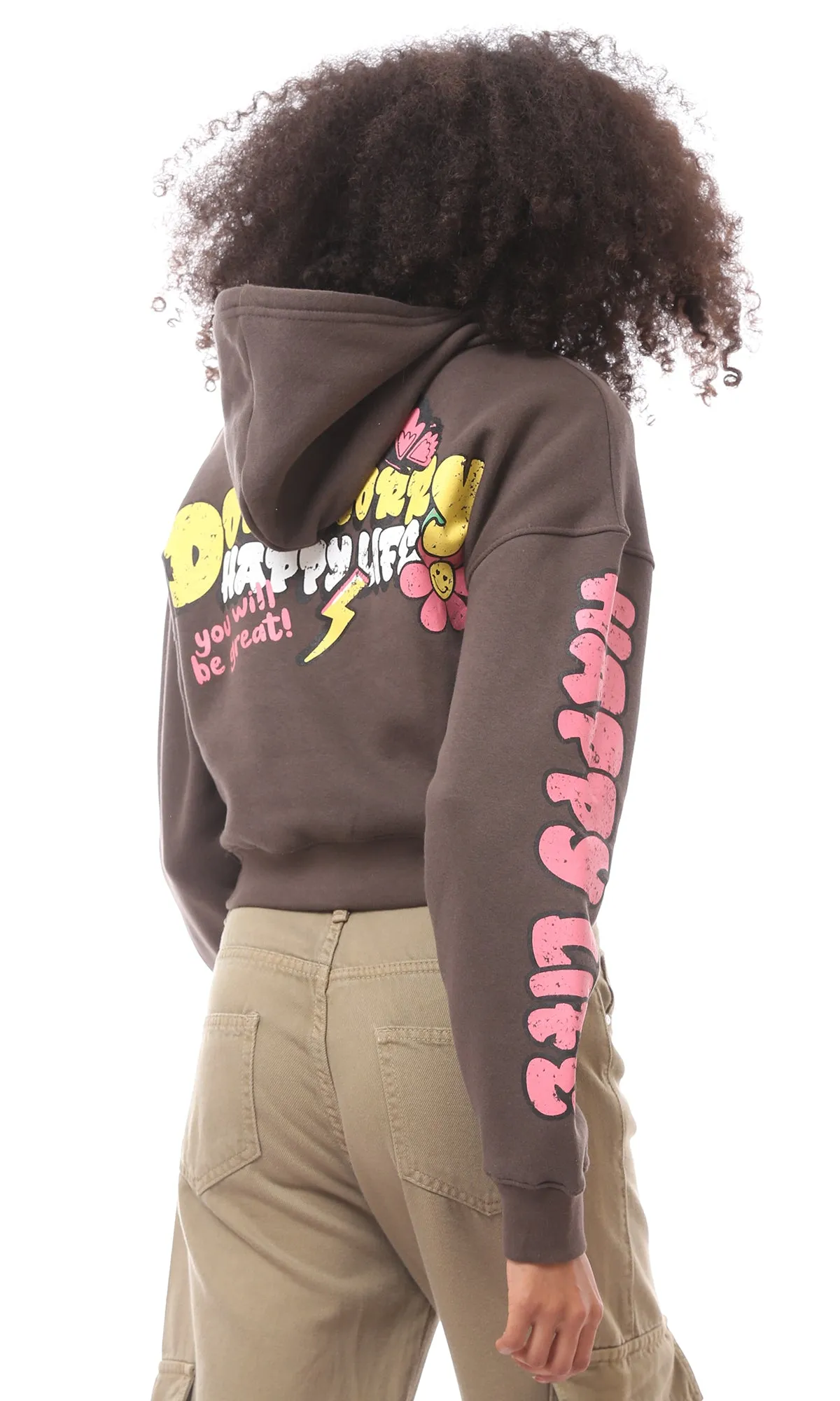 O174184 Dark Brown Printed "Extra Fun" Cropped Hoodie