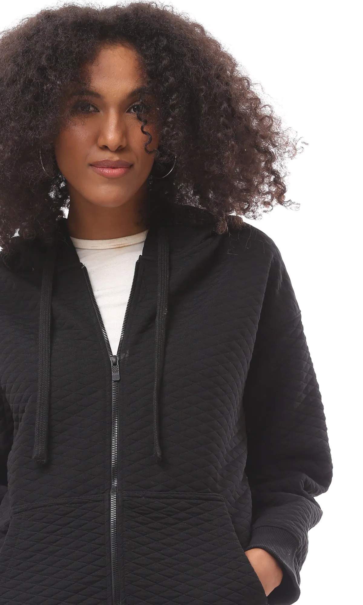 O175013 Self Stitched Front Zipper Black Sweatshirt