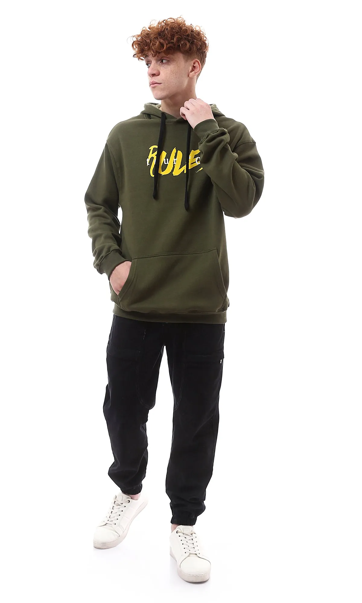 O175770 Front Print Slip On Dark Olive Hoodie