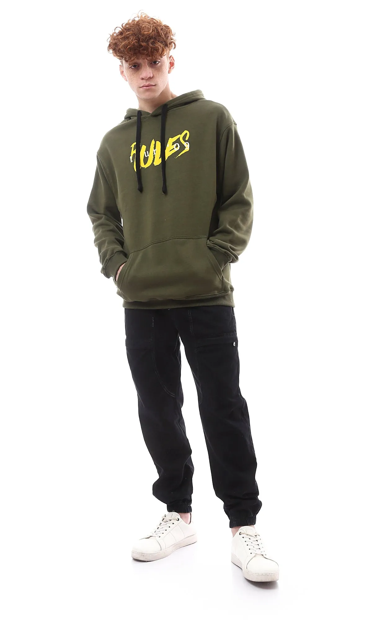 O175770 Front Print Slip On Dark Olive Hoodie