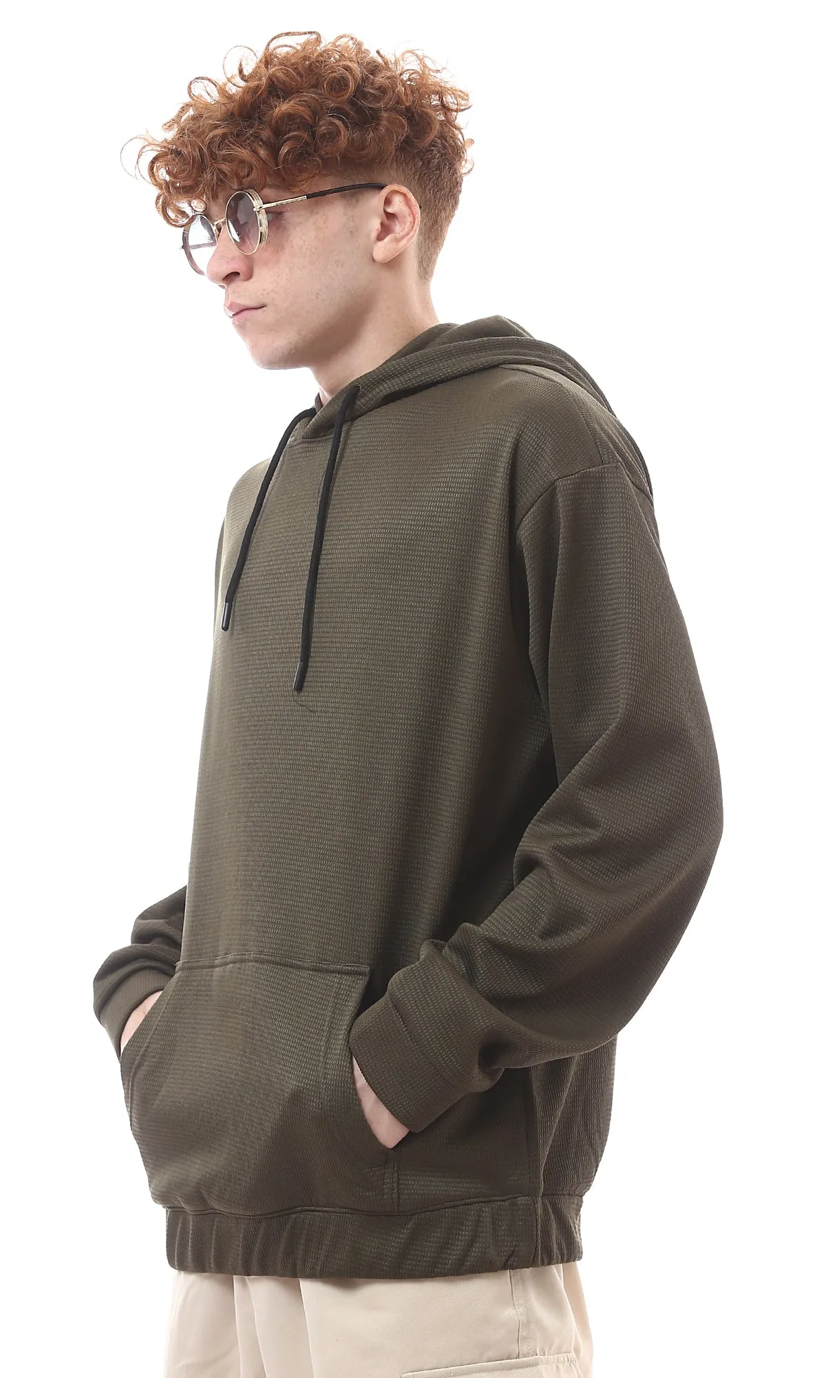 O176263 Dark Olive Bird'S Eye Relaxed Fit Hoodie