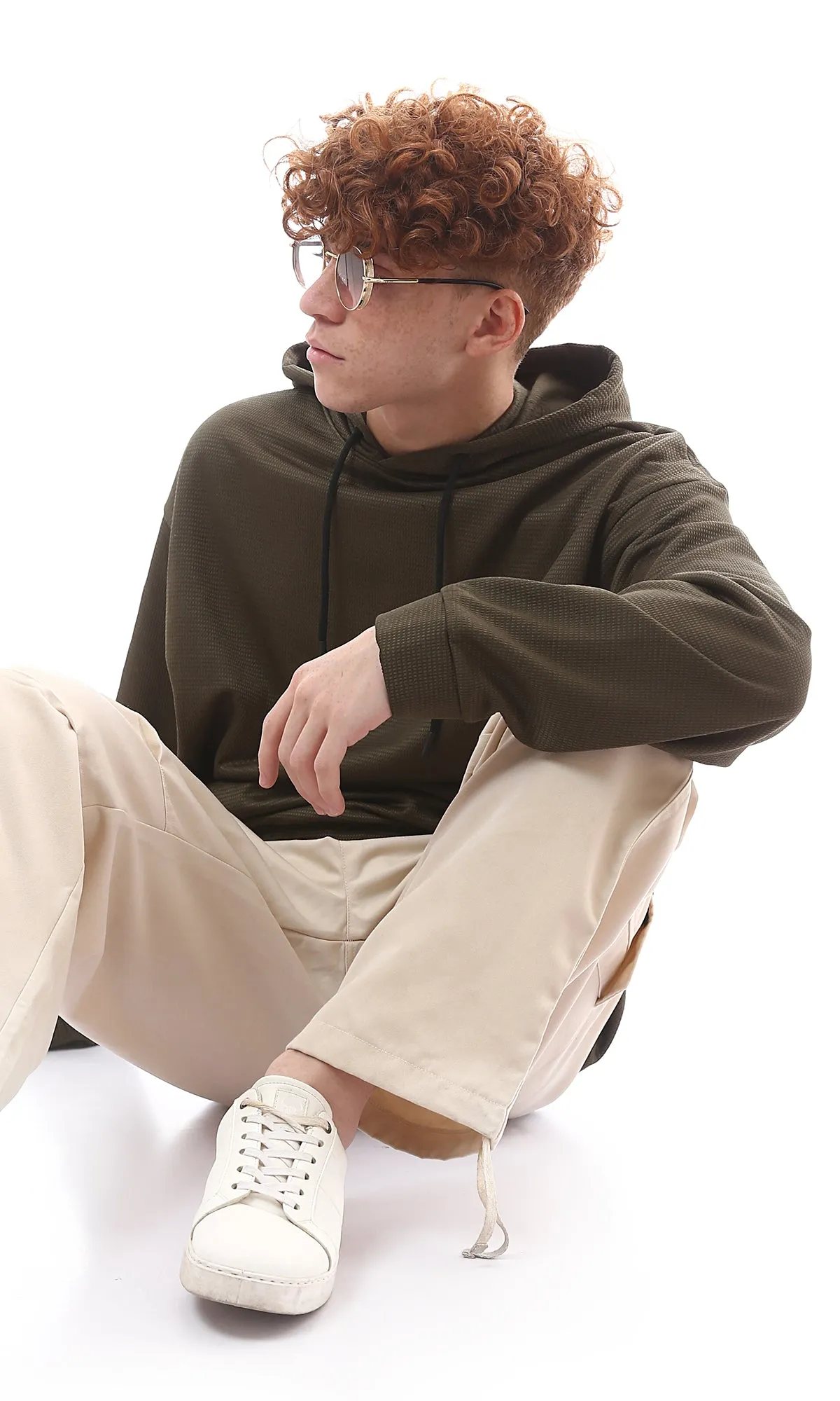 O176263 Dark Olive Bird'S Eye Relaxed Fit Hoodie