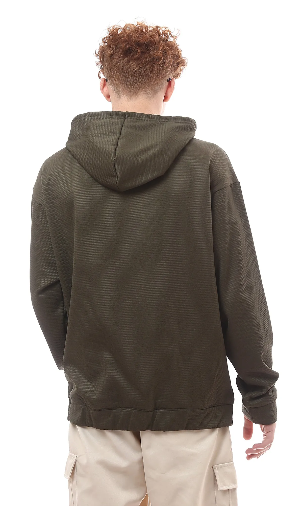 O176263 Dark Olive Bird'S Eye Relaxed Fit Hoodie