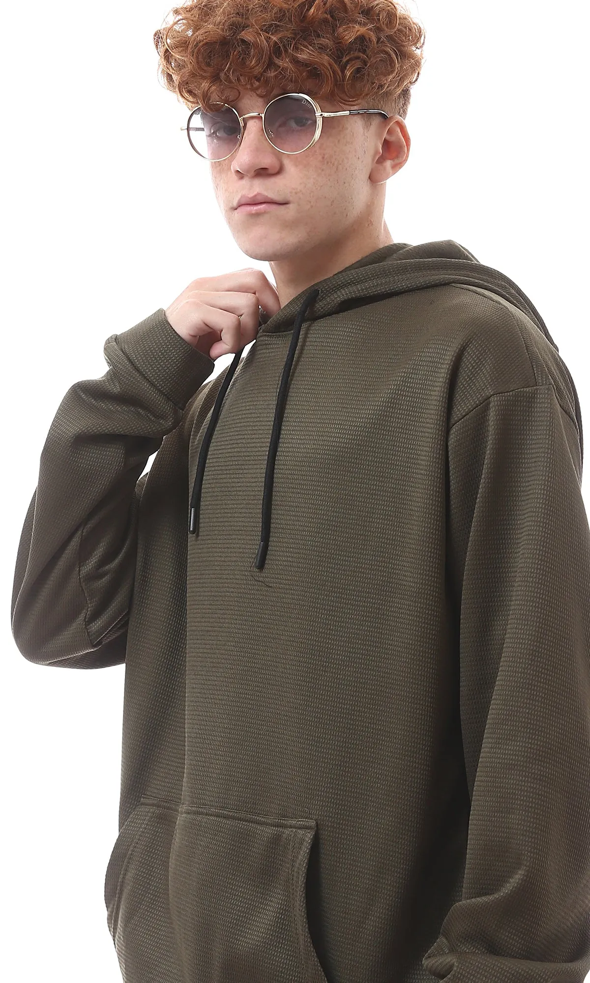 O176263 Dark Olive Bird'S Eye Relaxed Fit Hoodie