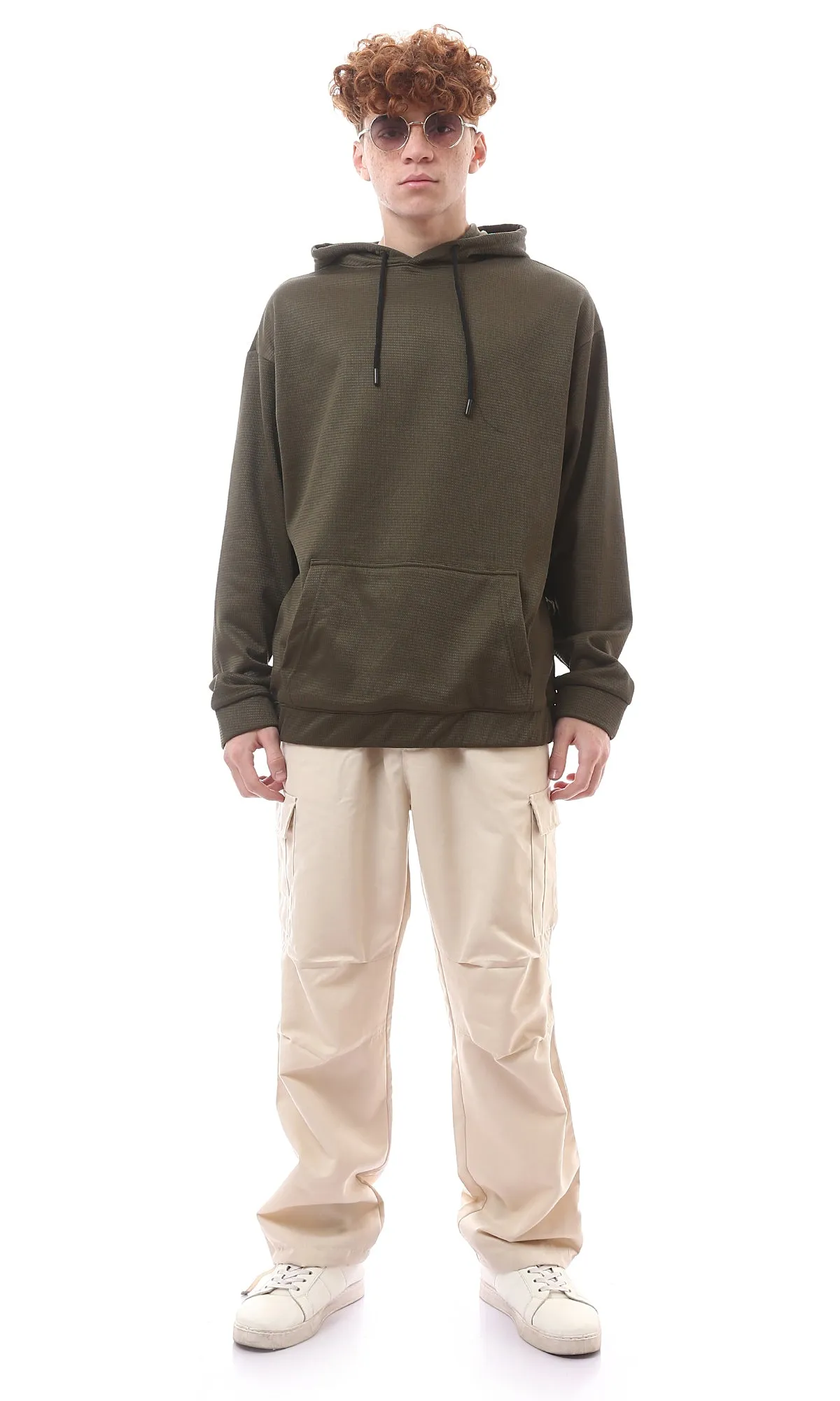 O176263 Dark Olive Bird'S Eye Relaxed Fit Hoodie