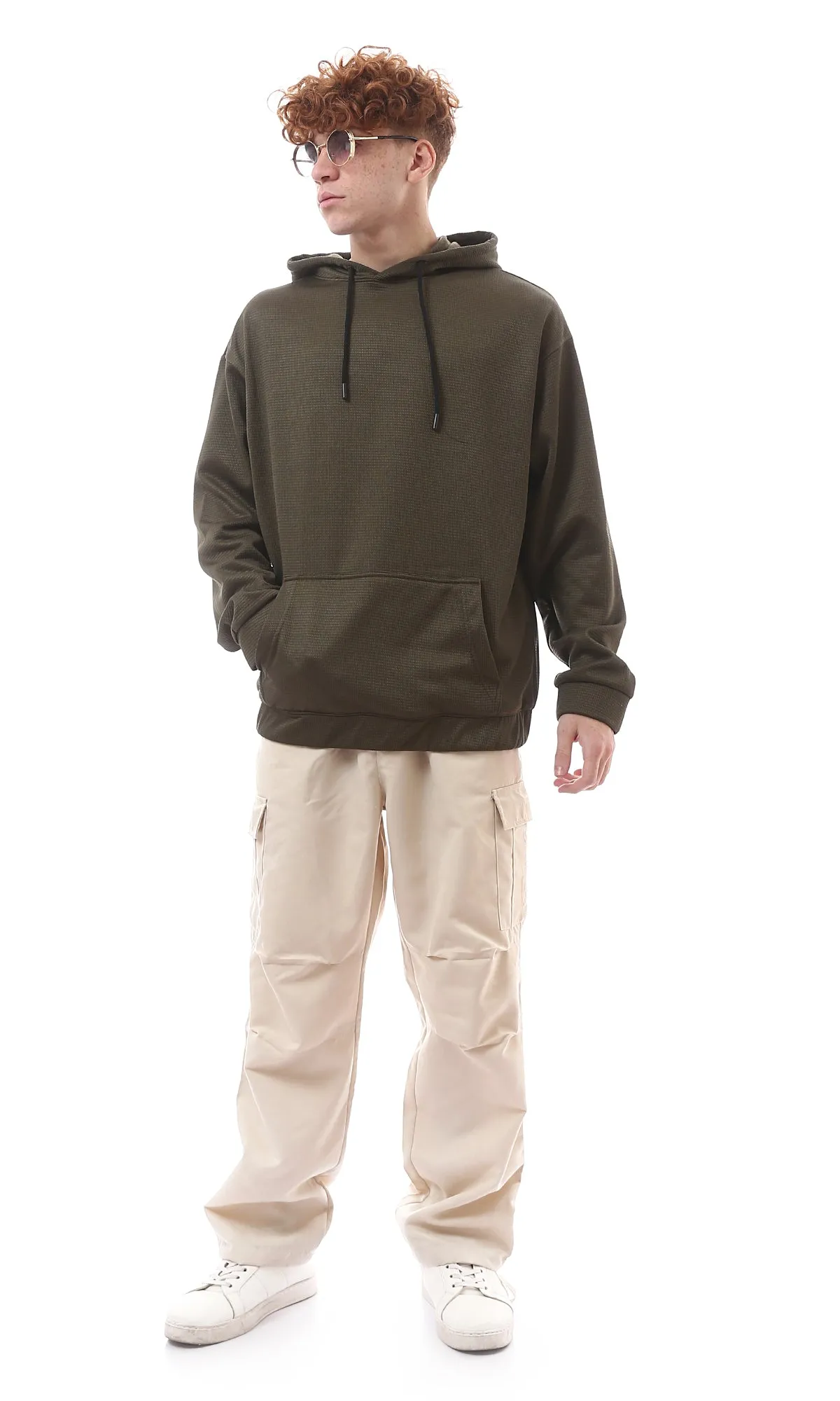 O176263 Dark Olive Bird'S Eye Relaxed Fit Hoodie