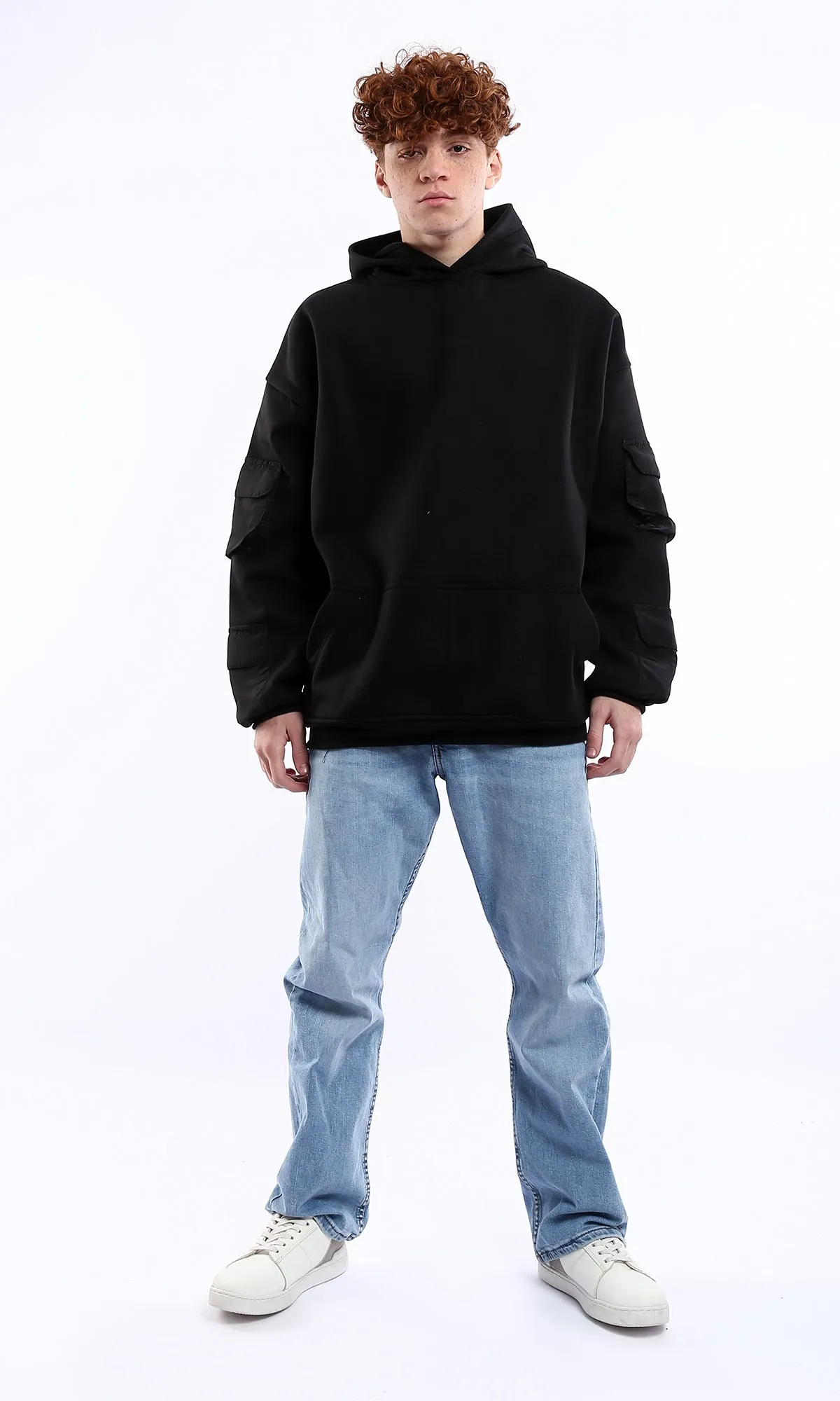 O176714 Black Solid Hoodie With Waterproof Patched Pockets