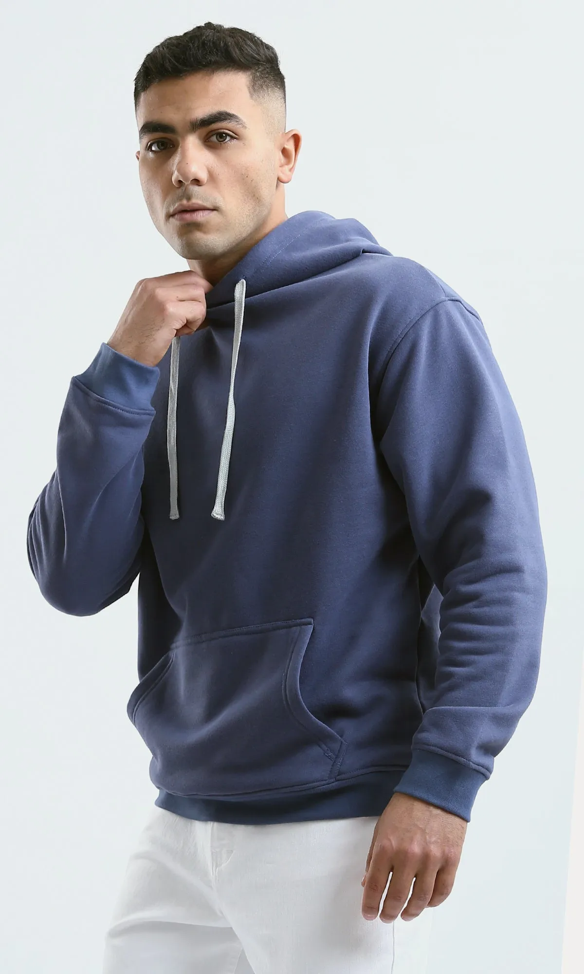 O188381 Solid Light Navy Blue Hoodie With Kangaroo Pocket