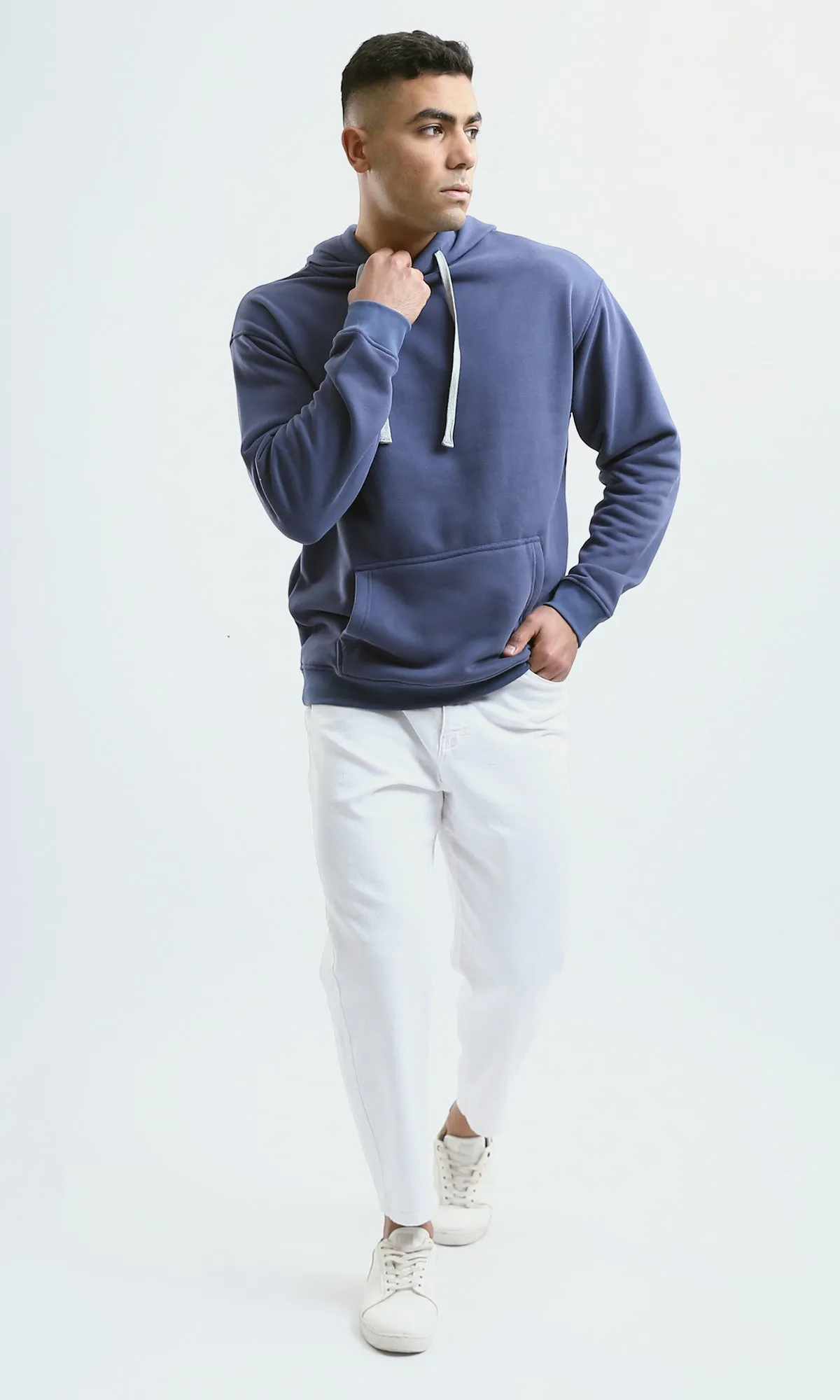 O188381 Solid Light Navy Blue Hoodie With Kangaroo Pocket