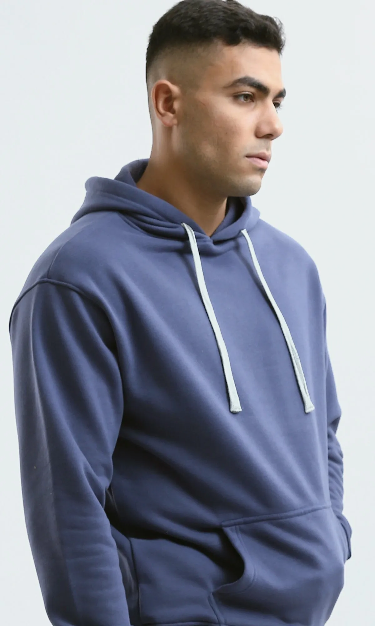 O188381 Solid Light Navy Blue Hoodie With Kangaroo Pocket