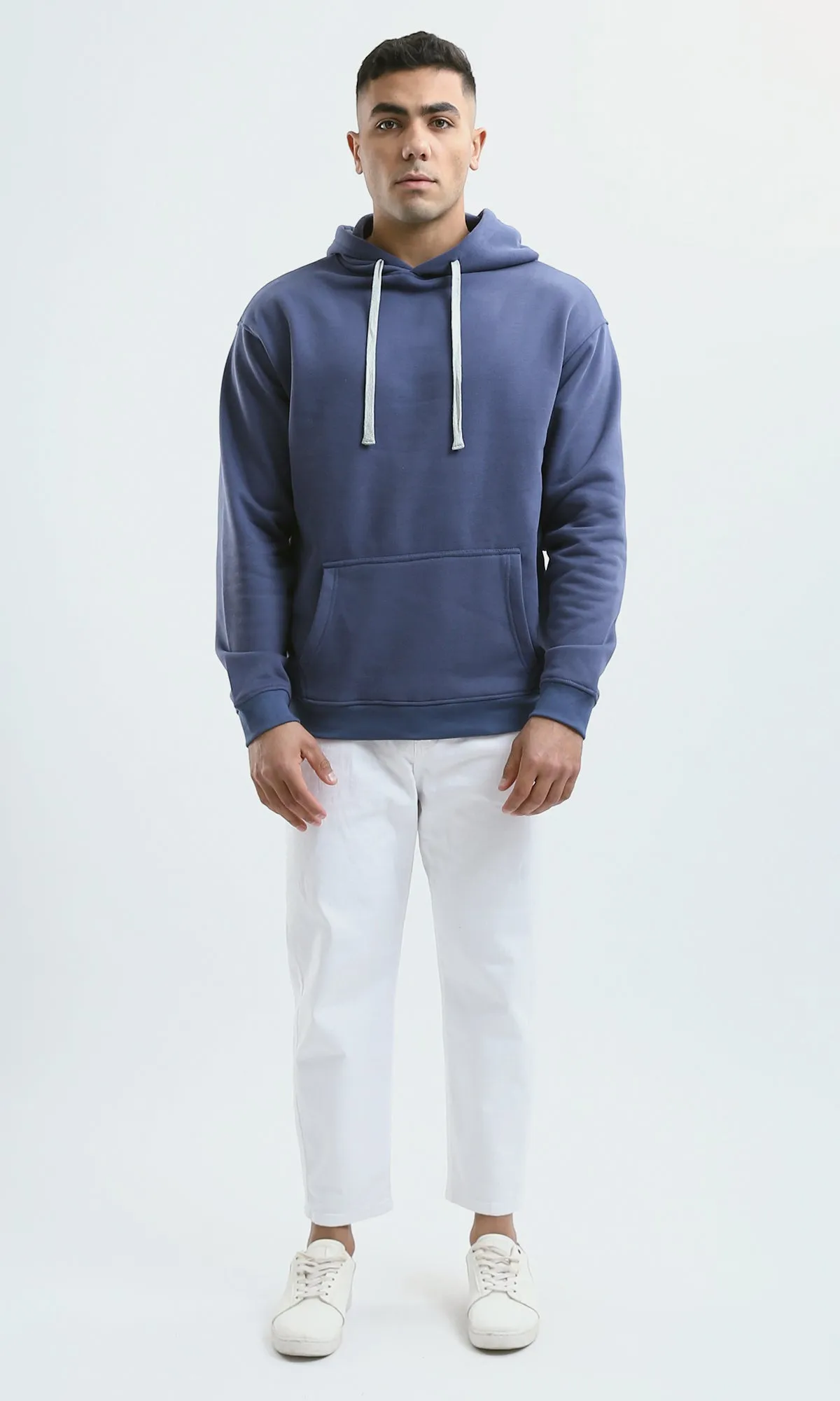 O188381 Solid Light Navy Blue Hoodie With Kangaroo Pocket