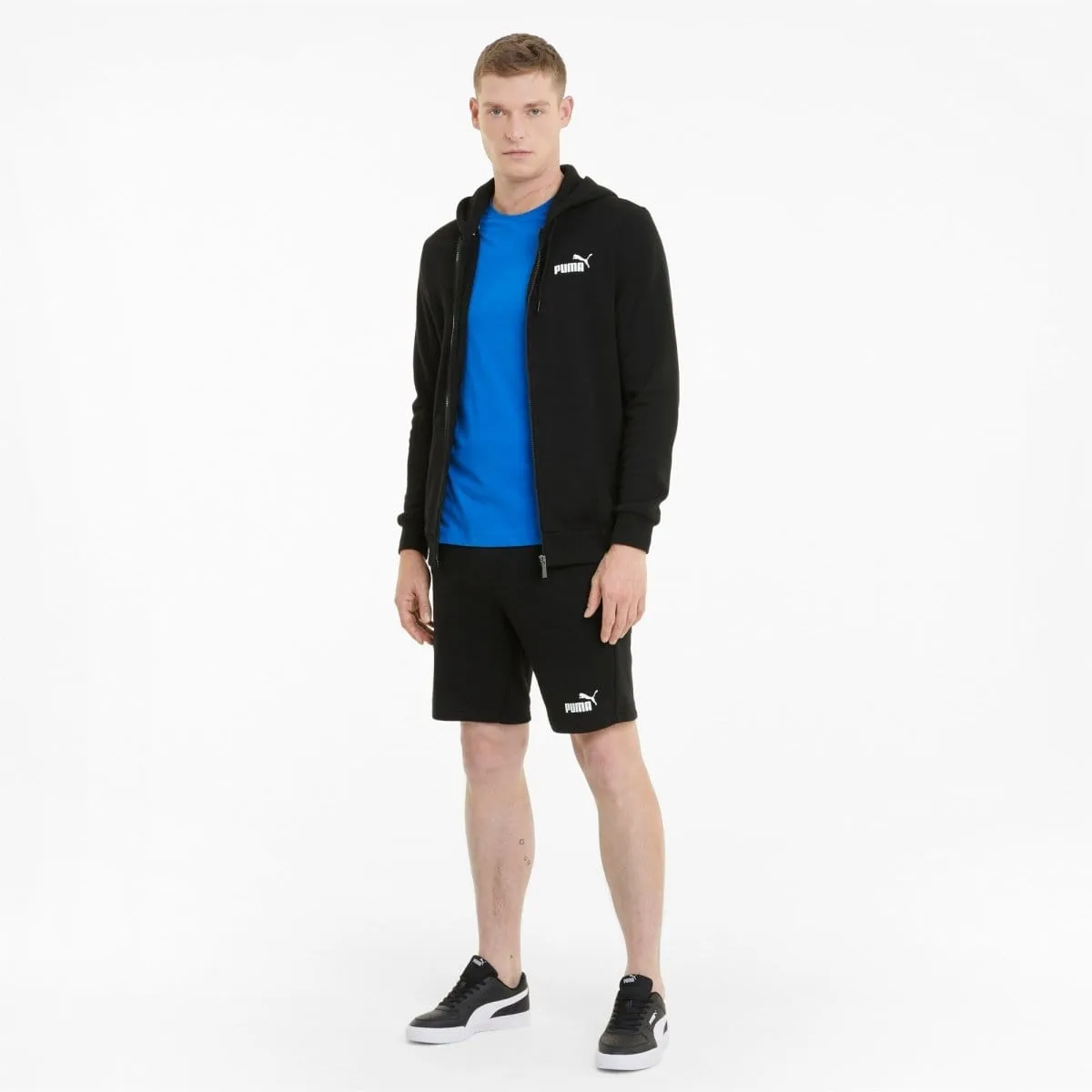 PUMA MEN'S ESSENTIALS FULL-ZIP LOGO HOODED BLACK JACKET