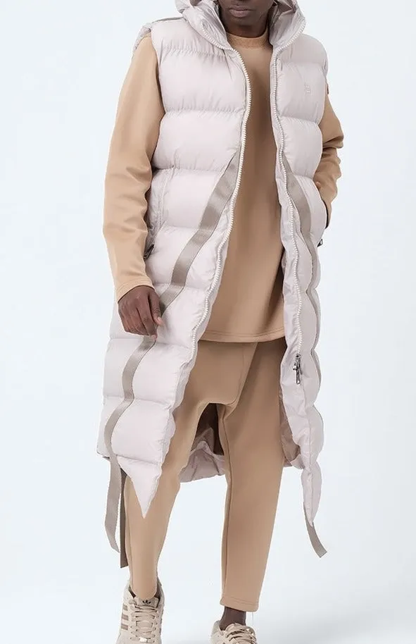 QL Sleeveless Longline Puffer Hooded Gilet in Beige