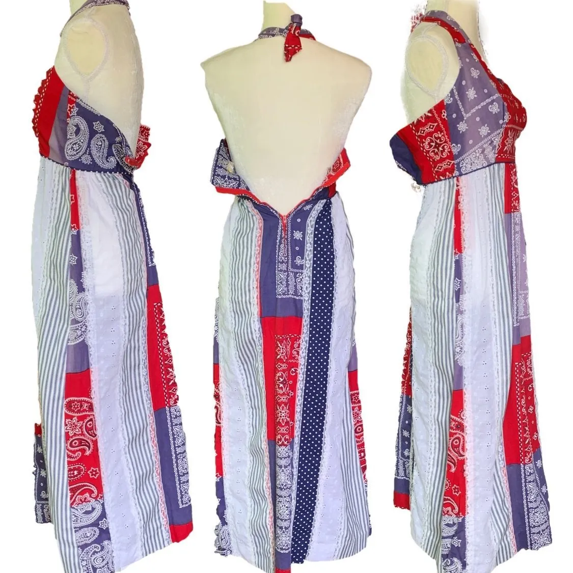 Red White and Blue Patchwork Halter Dress by Saks Fifth Avenue Young Dimensions. 4th of July Dress.