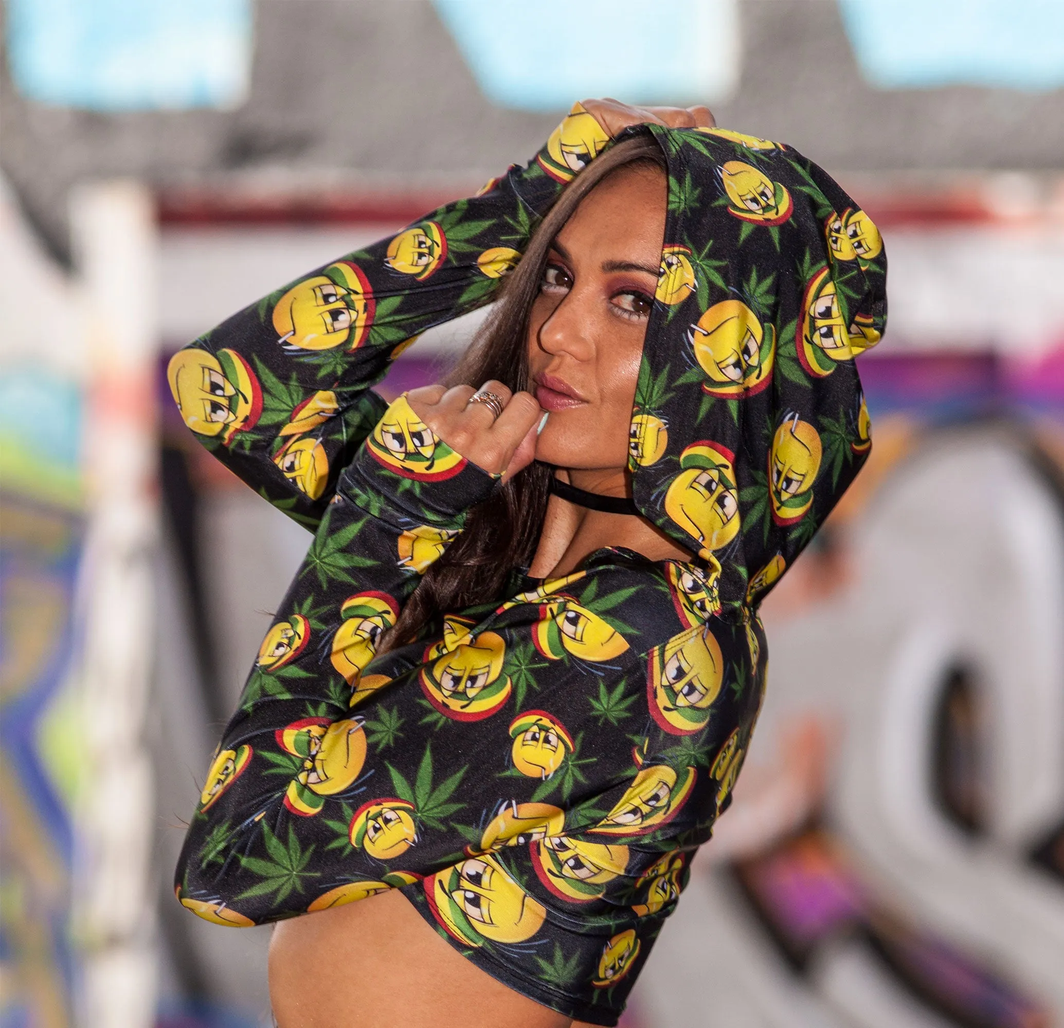 Sassy Assy Long Sleeve Emoji Print Hooded Crop Top Rave Tops