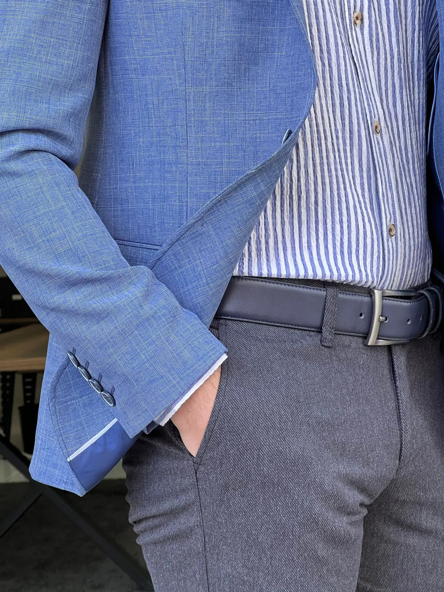 Slim Fit Self-Patterned Cotton Blue Jacket