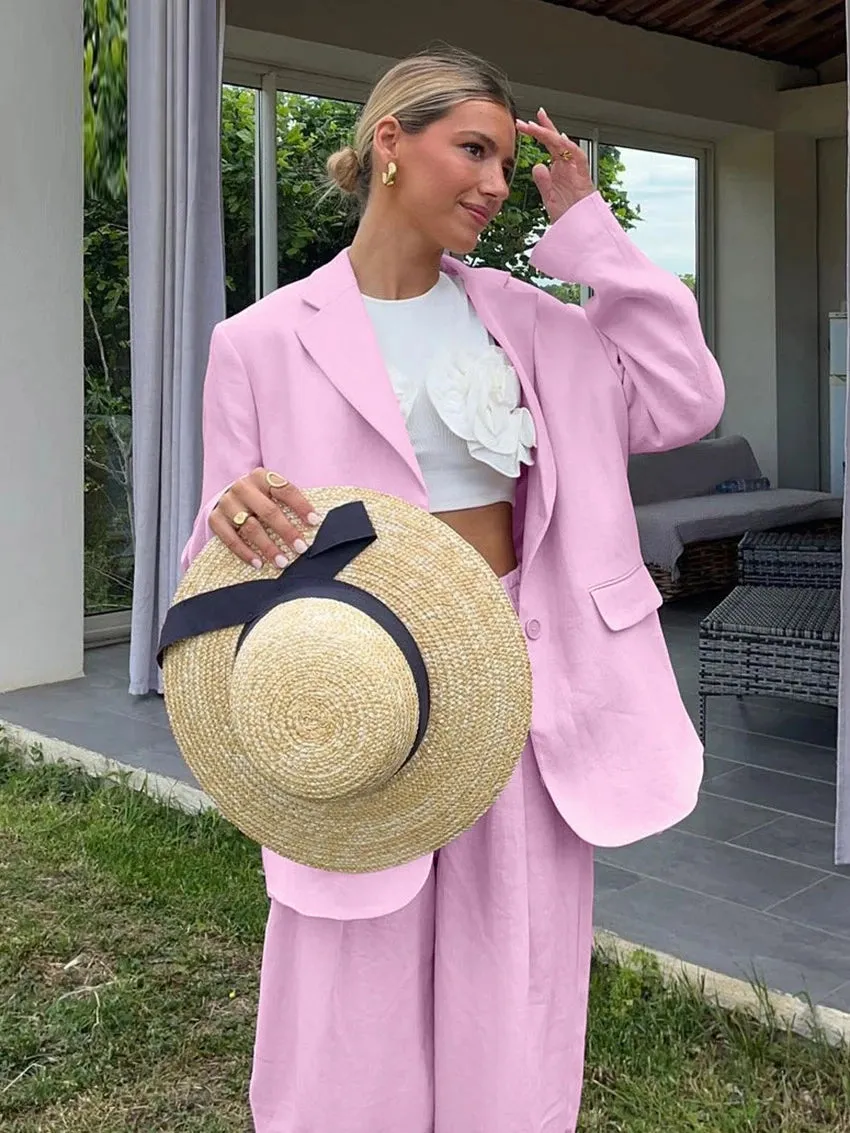 Sustain Loose Pink Cotton 2 Piece Sets Women Outfit 2024 Elegant Long Sleeve Blazer With High Waist Wide Pants Set Female