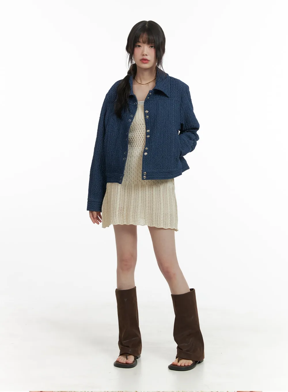 Textured Denim Button Jacket CA411