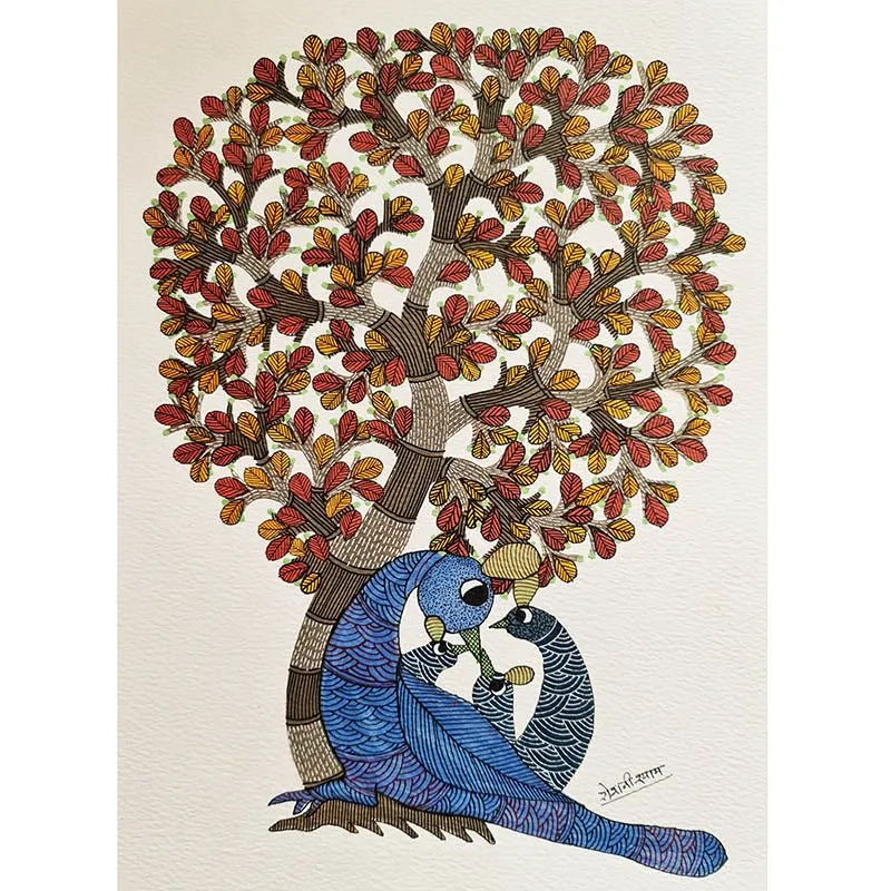 Tribal Gond Original Painting of Peacocks Around the Tree of Life