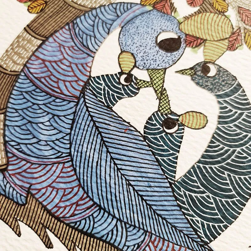 Tribal Gond Original Painting of Peacocks Around the Tree of Life