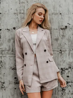 Two-piece blazer women suits Double breasted plaid casual female blazer shorts set Elegant office ladies blazers sets