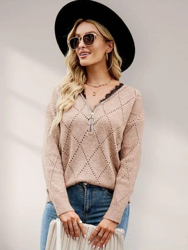 V-Neck Zipper Knitwear Sweater Top for Women