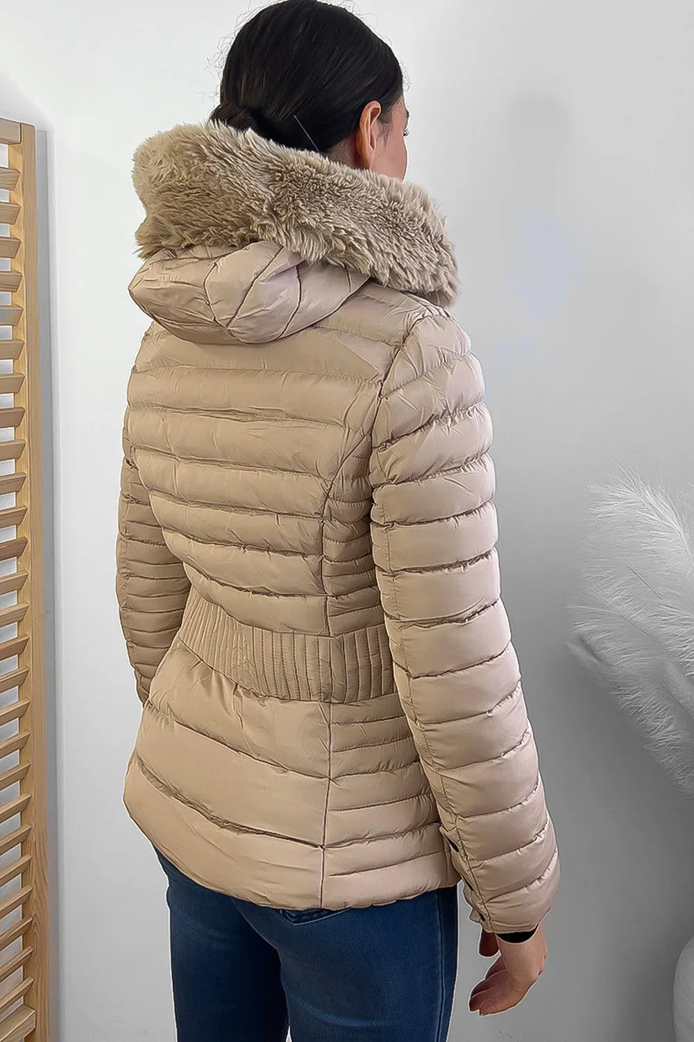 Vertical Zip Pockets Faux Fur Hooded Quilted Jacket