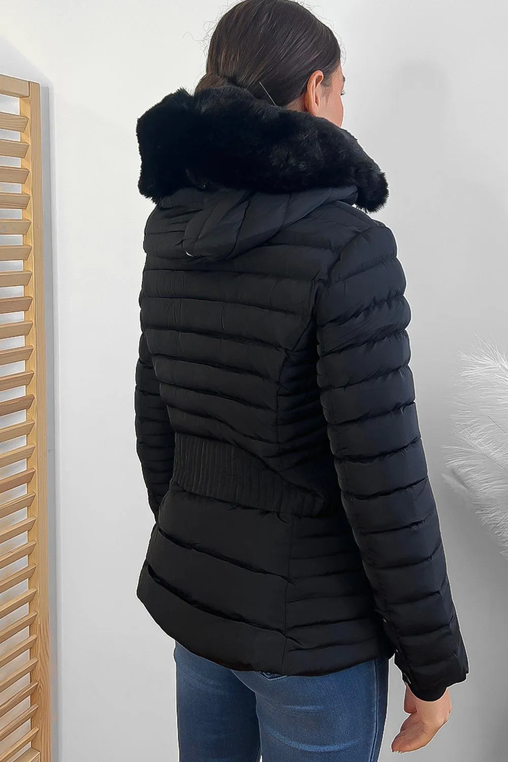 Vertical Zip Pockets Faux Fur Hooded Quilted Jacket