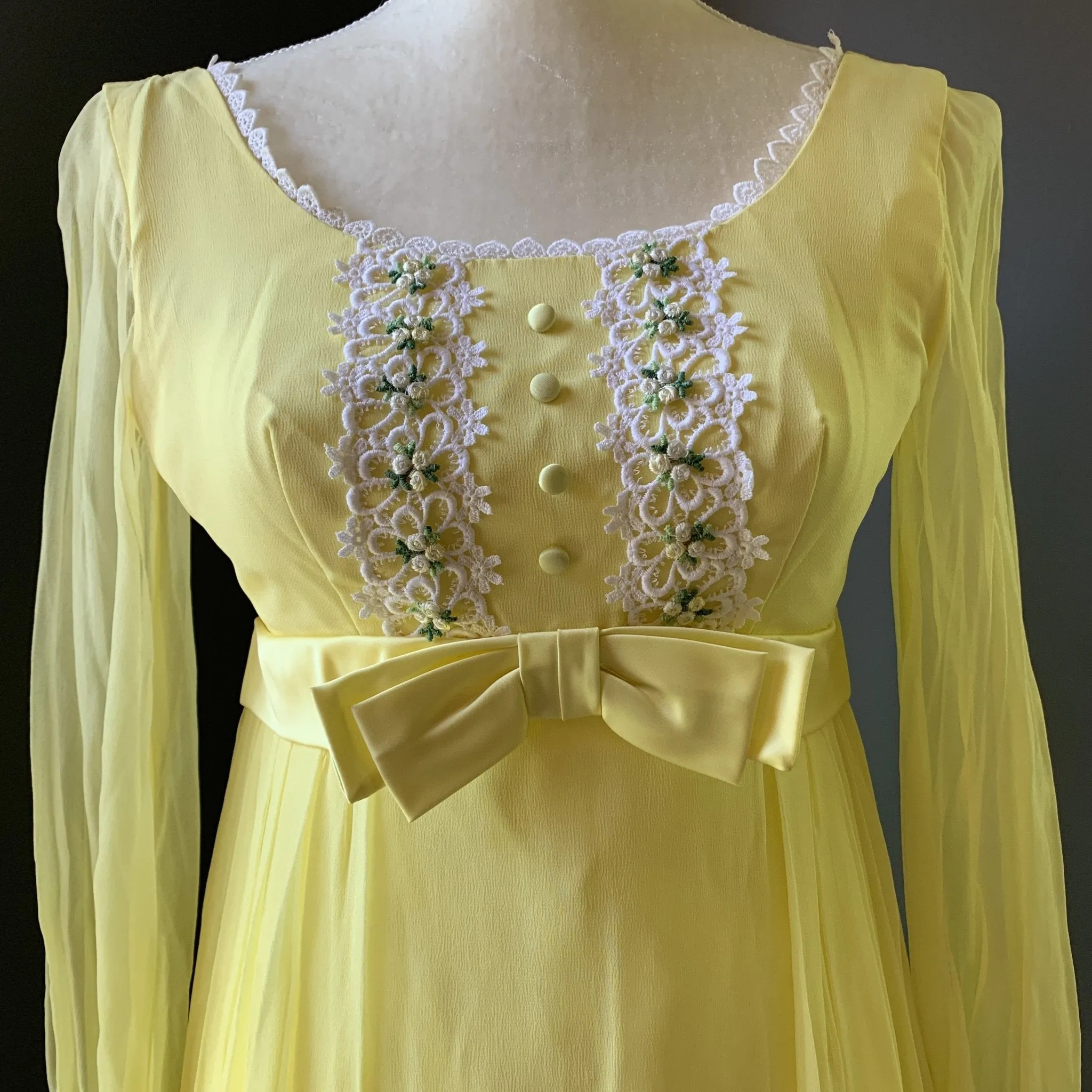 Vintage 1960s Yellow Chiffon Maxi Boho Dress. Lace Accents for Saks Fifth Ave. Festival Dress