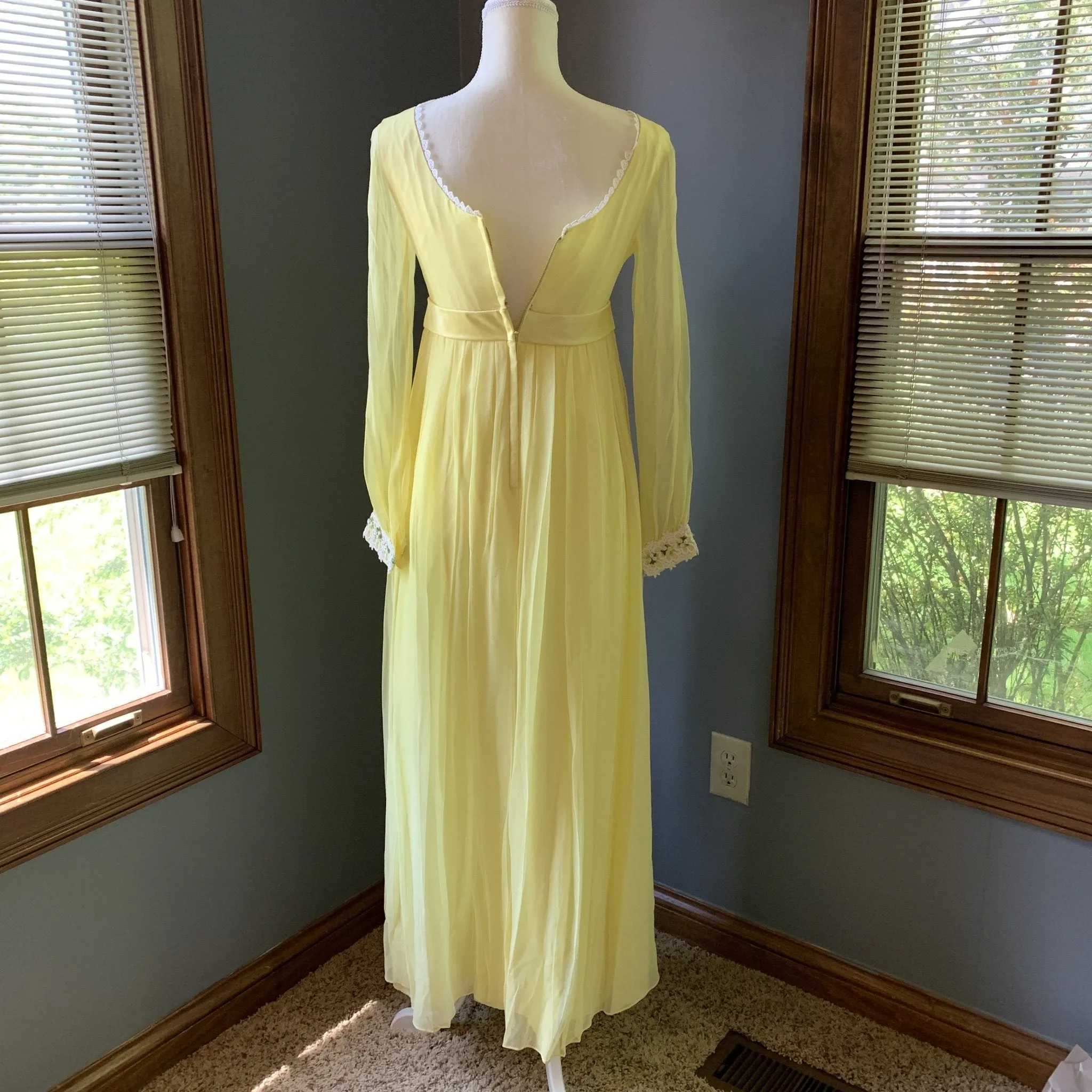 Vintage 1960s Yellow Chiffon Maxi Boho Dress. Lace Accents for Saks Fifth Ave. Festival Dress