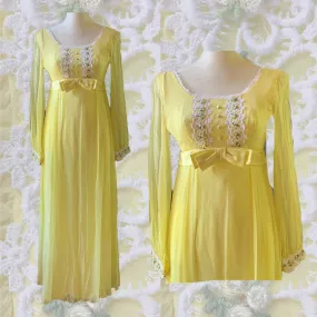 Vintage 1960s Yellow Chiffon Maxi Boho Dress. Lace Accents for Saks Fifth Ave. Festival Dress