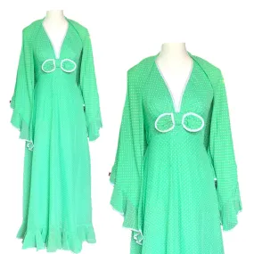 Vintage Polka Dot Sundress and Capelet by Miss Elliette. Green & White Polka Dots Halter Dress.