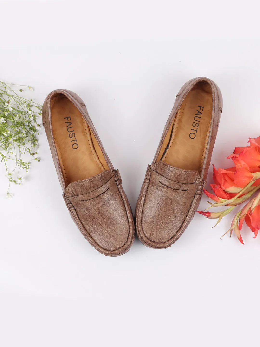 Women Brown Stitched Slip On Loafers