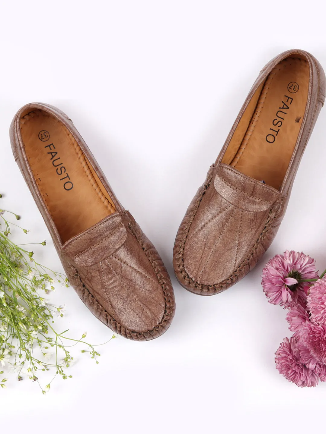 Women Brown Stitched Slip On Loafers