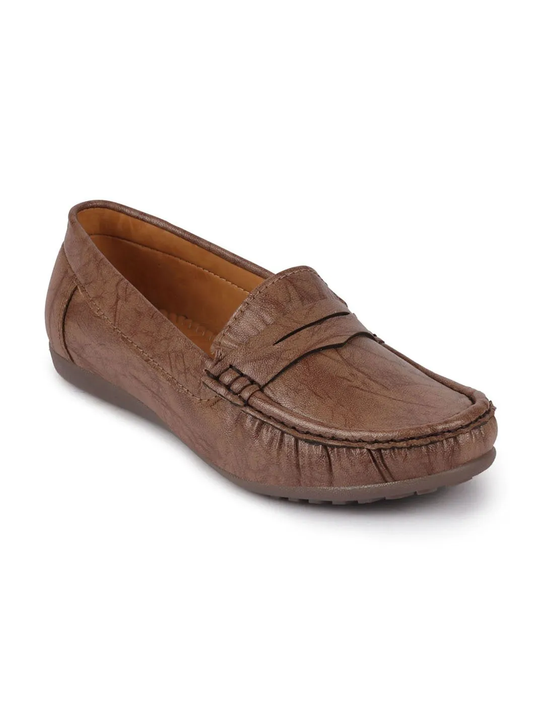 Women Brown Stitched Slip On Loafers