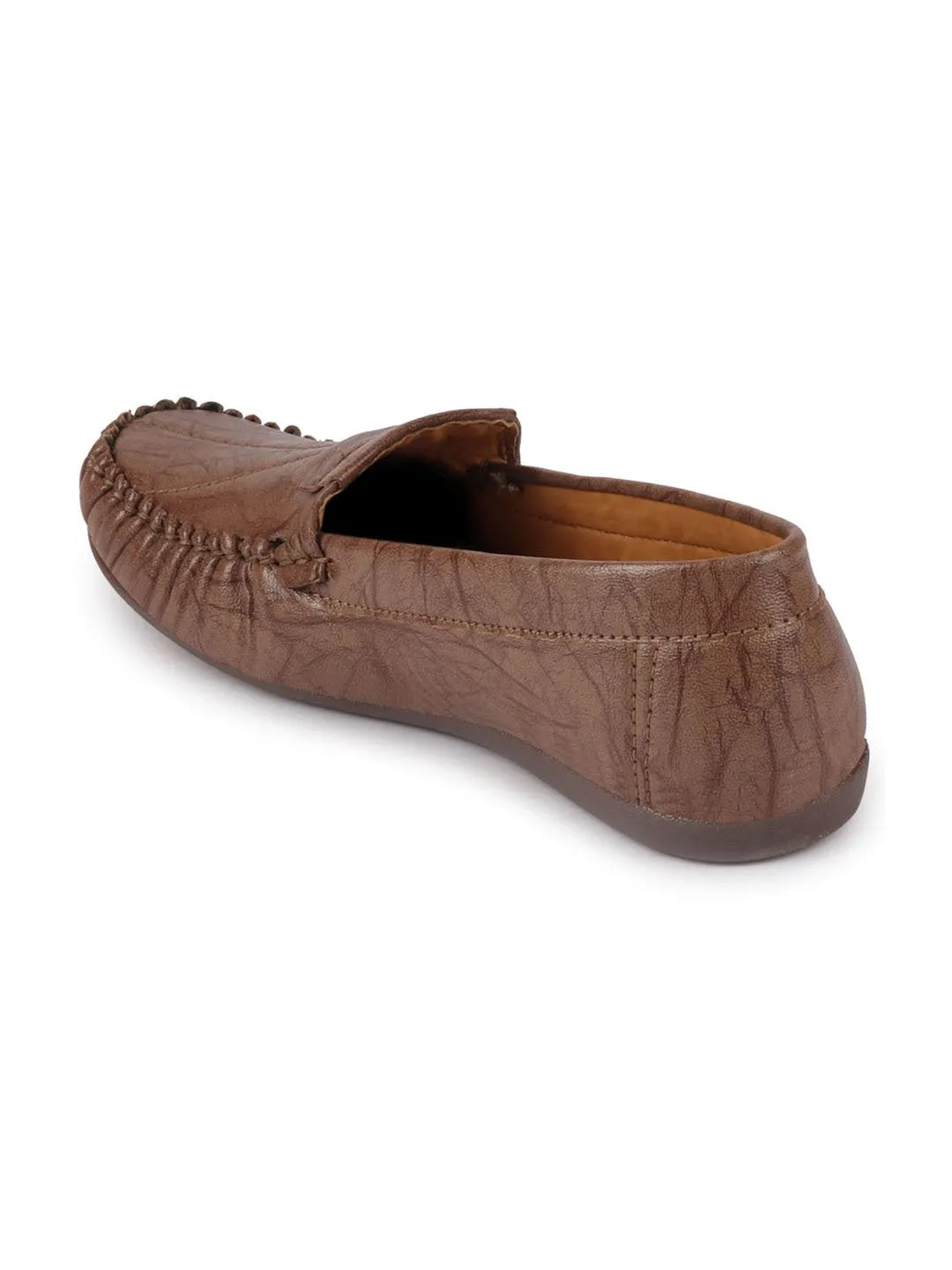 Women Brown Stitched Slip On Loafers