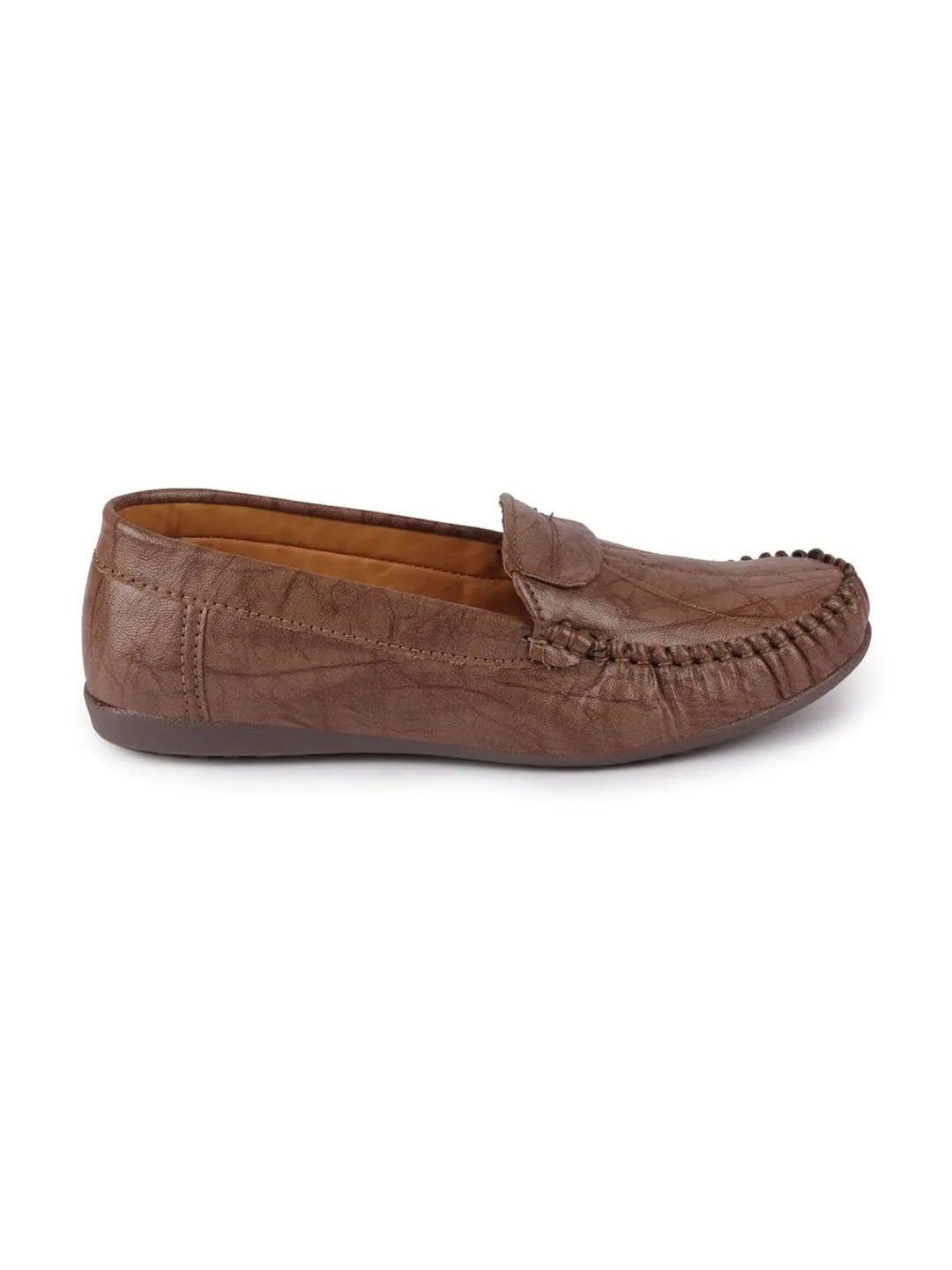 Women Brown Stitched Slip On Loafers