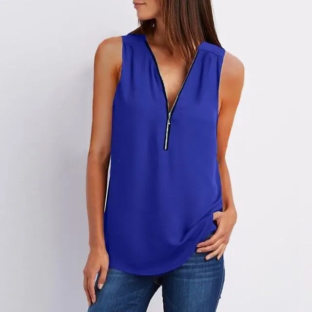 Women Spring Summer Chiffon Blouse Top V Collar Zipper Roll Up