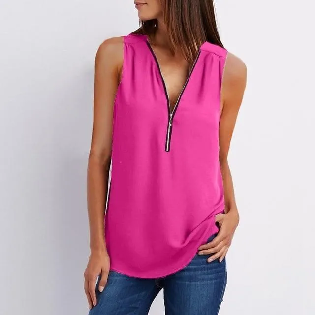 Women Spring Summer Chiffon Blouse Top V Collar Zipper Roll Up