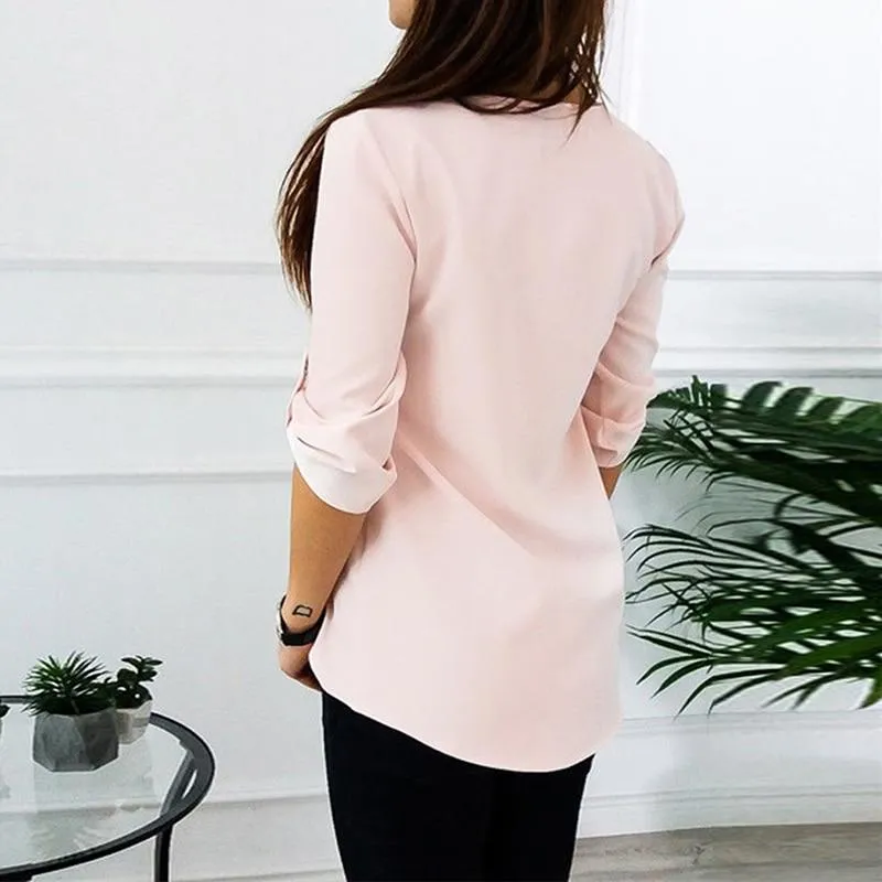 Women Spring Summer Chiffon Blouse Top V Collar Zipper Roll Up