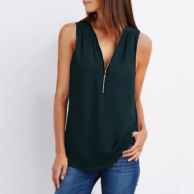 Women Spring Summer Chiffon Blouse Top V Collar Zipper Roll Up