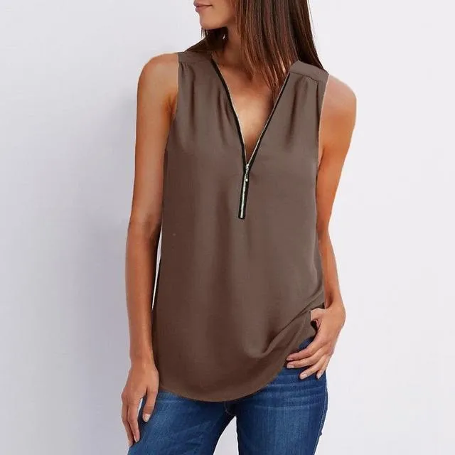 Women Spring Summer Chiffon Blouse Top V Collar Zipper Roll Up