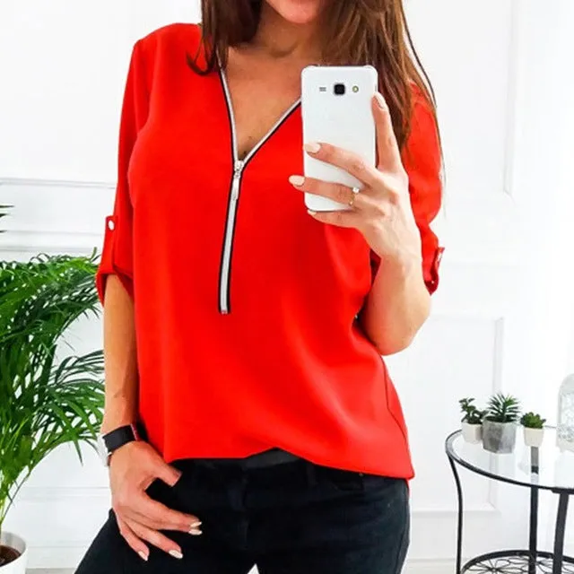 Women Spring Summer Chiffon Blouse Top V Collar Zipper Roll Up